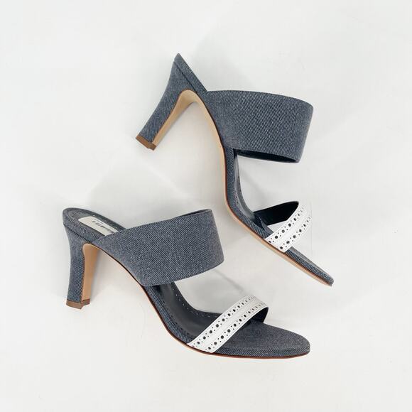 NWB Manolo Blahnik Denala Blue White Denim Leather Dual Band Slide Heels IT 40 - Picture 5 of 14